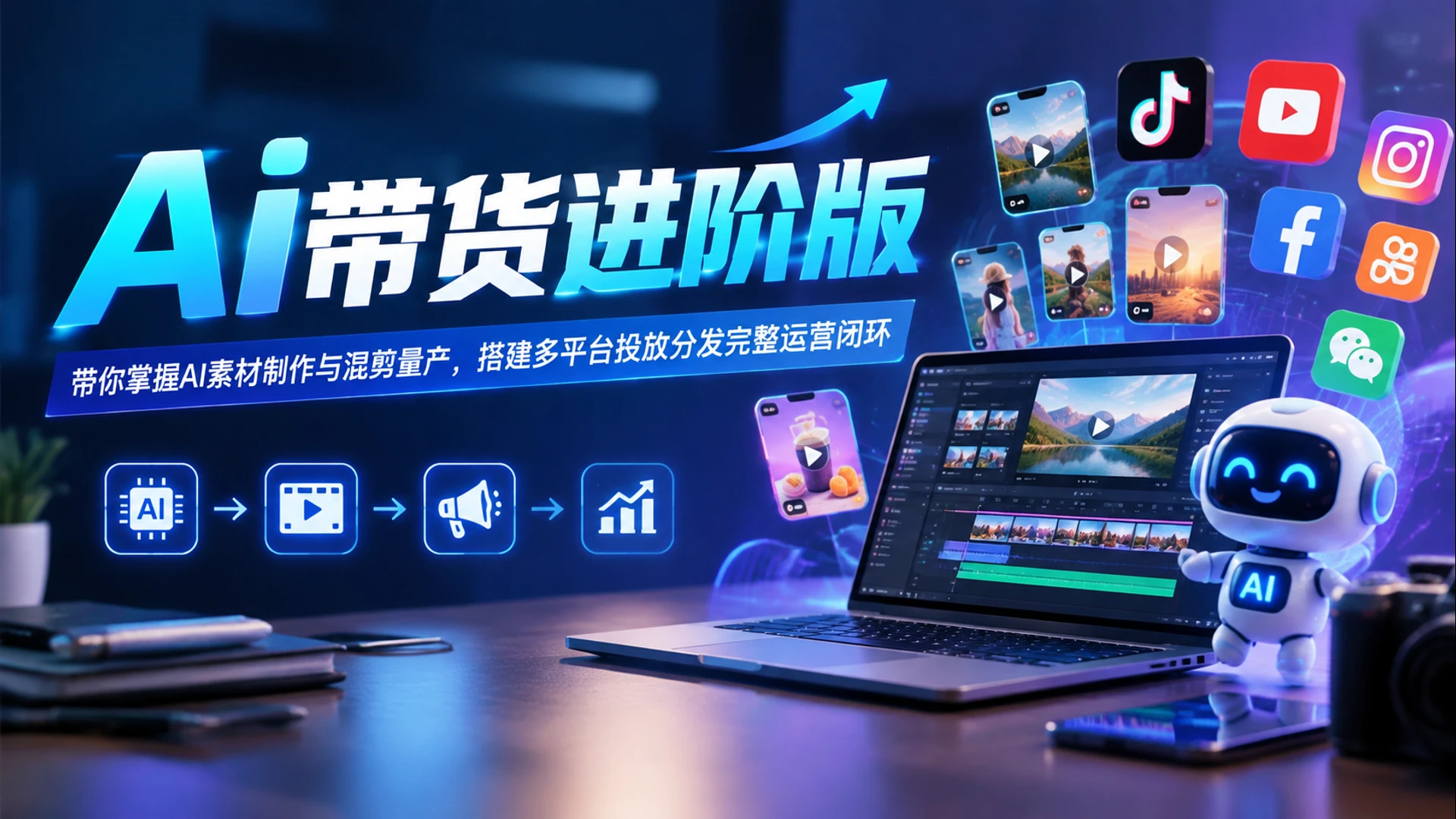 【精】Ai带货进阶版,带你掌握AI素材制作与混剪量产,搭建多平台投放分发完整运营闭环