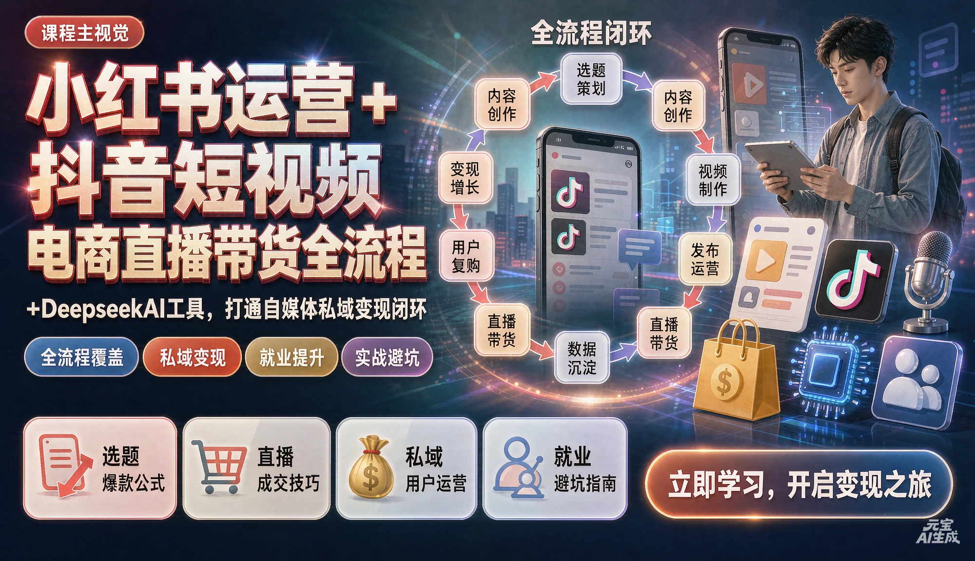 【精】小红书运营抖音短视频电商直播带货全流程+DeepseekAI工具,打通自媒体私域变现闭环,教你就业避坑少走弯路。 【精】小红书运营抖音短视频电商直播带货全流程+DeepseekAI工具,打通自媒体私域变现闭环,教你就业避坑少走弯路。