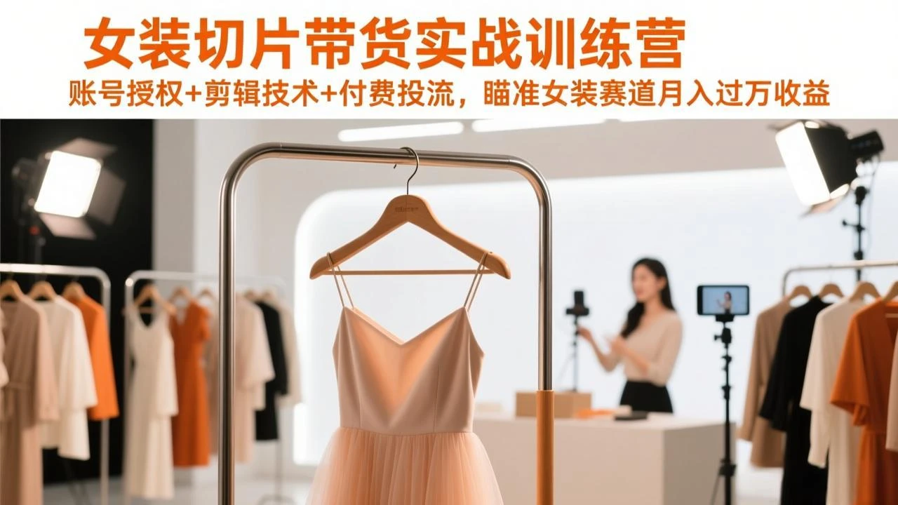 【精】女装切片带货实战训练营，账号授权+剪辑技术+付费投流，瞄准女装赛道月入过万收益