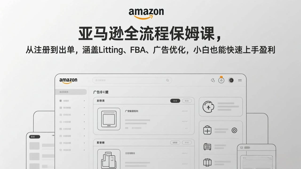 【精】亚马逊全流程保姆课，从注册到出单，涵盖Listing、FBA、广告优化，小白也能快速上手盈利