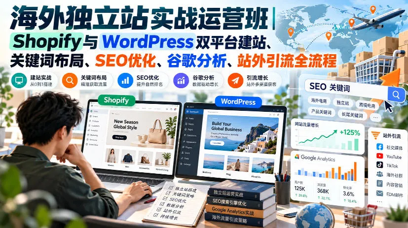 【精】海外独立站实战运营班｜Shopify与WordPress双平台建站、关键词布局、SEO优化、谷歌分析、站外引流全流程