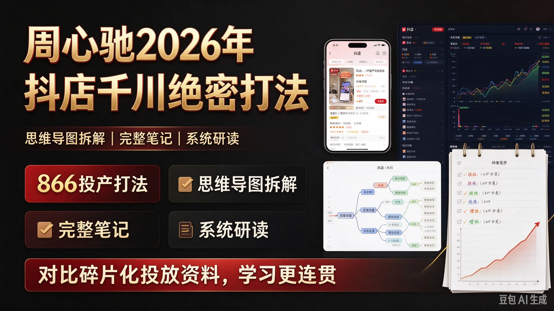 周心驰2026年抖店千川866投产绝密打法，拆解思维导图与完整笔记，对比碎片化投放资料更方便系统研读