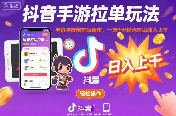抖音手游拉单玩法，手机平板都可以操作，一天十分钟也可以收入上K【揭秘】
