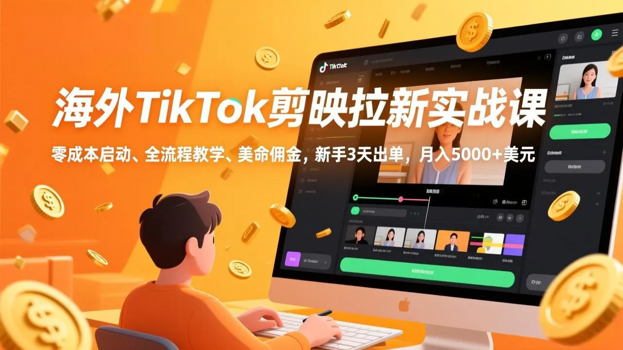 【精】海外TikTok剪映拉新实战课，零成本启动、全流程教学、美金佣金，新手3天出单，月入5000+美元