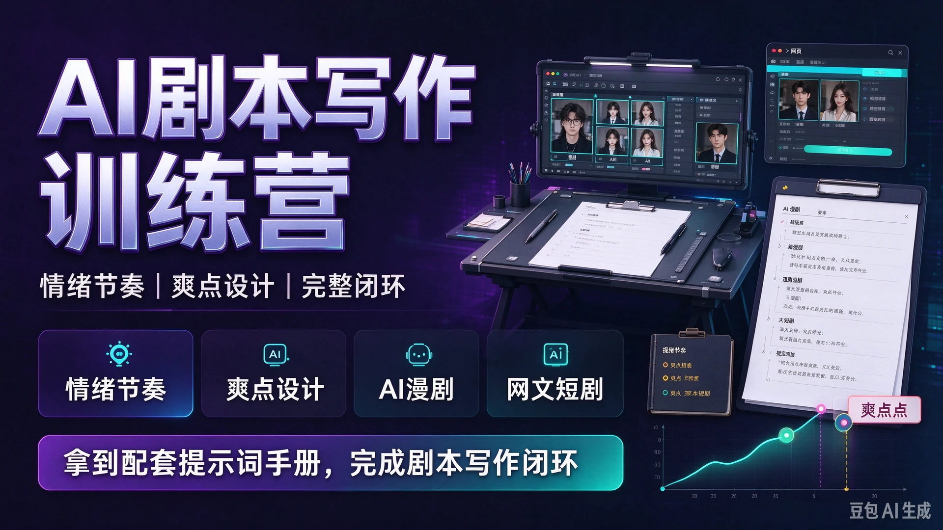 【精】AI剧本写作训练营,带你学习剧本情绪节奏与爽点设计,掌握AI漫剧、网文与短剧创作方法,拿到配套提示词手册完成剧本写作闭环