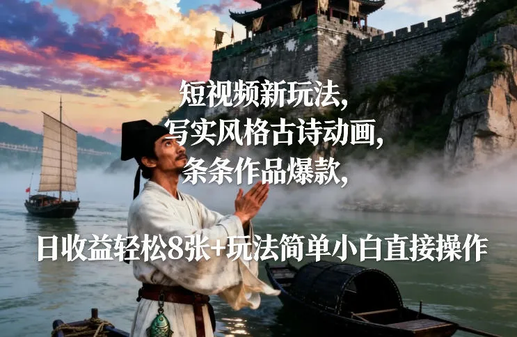 短视频新玩法，写实风格古诗动画，条条作品爆款，日收益轻松8张+玩法简单小白直接操作