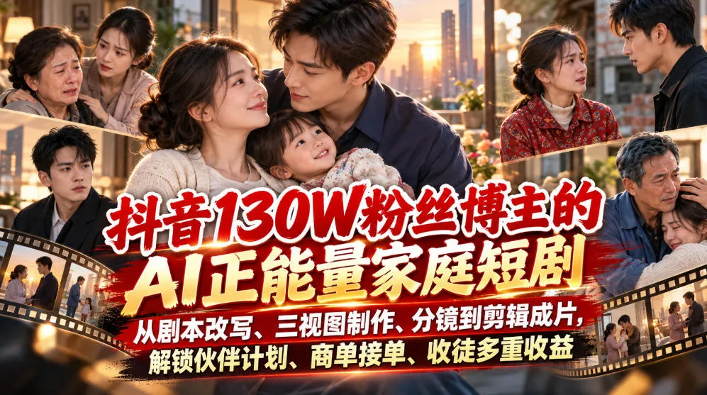【精】抖音130W粉丝博主的AI正能量家庭短剧,从剧本改写、三视图制作、分镜到剪辑成片,解锁伙伴计划、商单接单、收徒多重收益 【精】抖音130W粉丝博主的AI正能量家庭短剧,从剧本改写、三视图制作、分镜到剪辑成片,解锁伙伴计划、商单接单、收徒多重收益