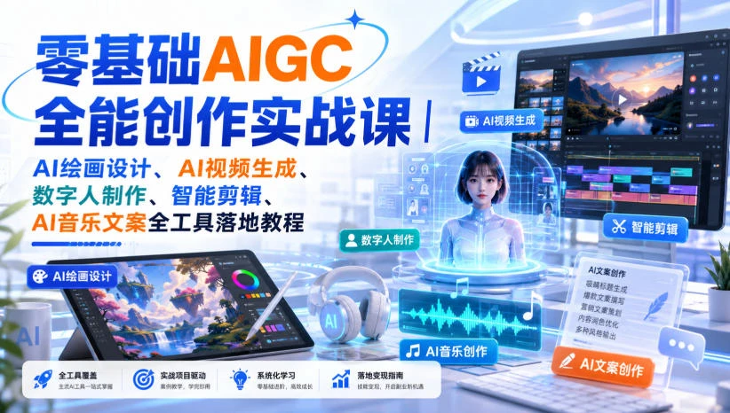 【精】零基础AIGC全能创作实战课|AI绘画设计、AI视频生成、数字人制作、智能剪辑、AI音乐文案全工具落地教程 【精】零基础AIGC全能创作实战课|AI绘画设计、AI视频生成、数字人制作、智能剪辑、AI音乐文案全工具落地教程