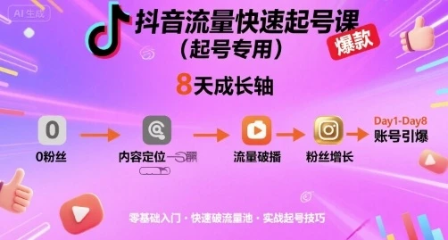 【精】抖音流量快速起号课(起号专用)，8天带你做爆自己的账号