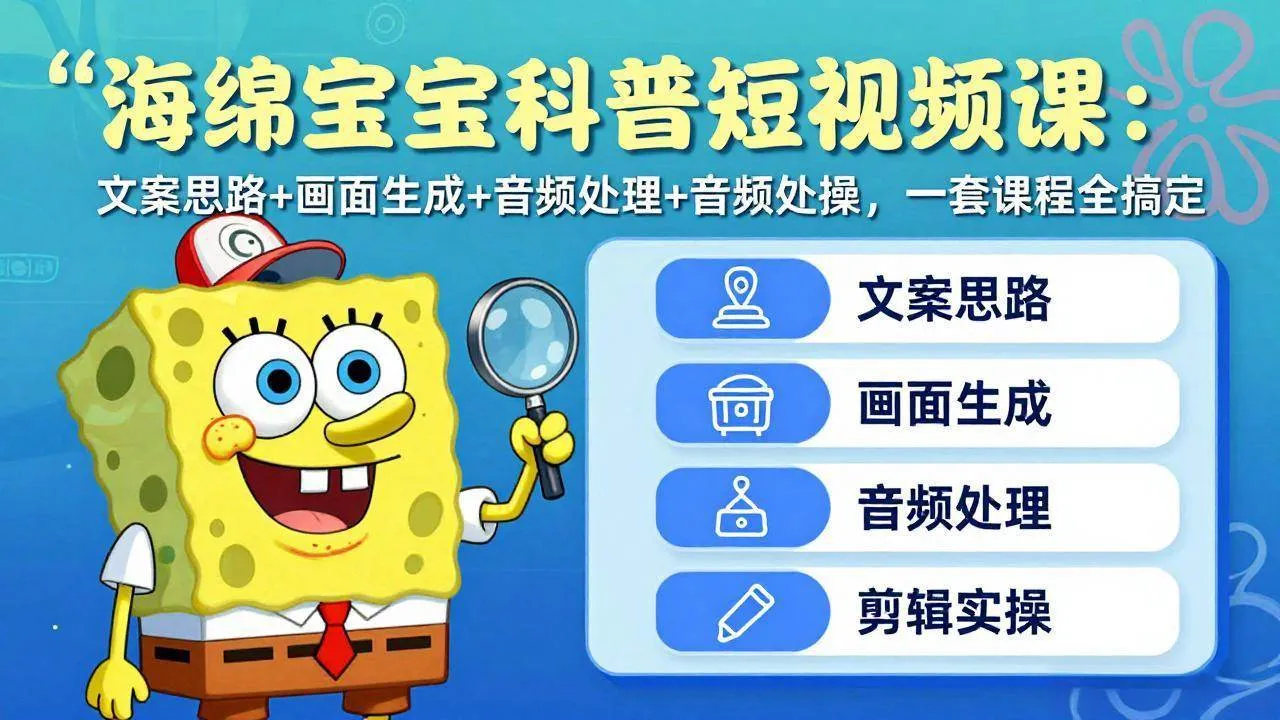 抖音27W粉丝博主的海绵宝宝科普短视频教学，内容制作简单，撸创作者伙伴计划