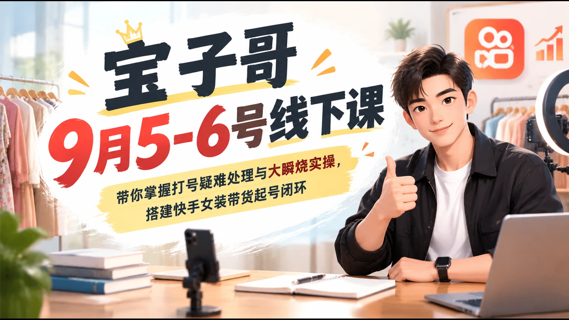 宝子哥9月5-6号线下课，带你掌握打号疑难处理与大瞬烧实操，搭建快手女装带货起号闭环