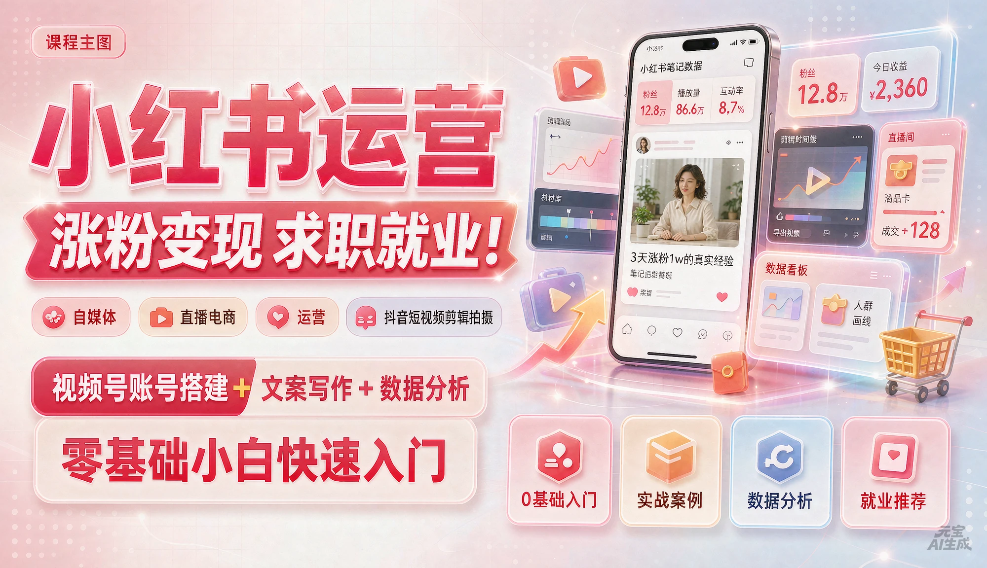【精】小红书运营涨粉变现求职就业!自媒体直播电商运营抖音短视频剪辑拍摄,视频号账号搭建+文案写作+数据分析,零基础小白快速入门 【精】小红书运营涨粉变现求职就业!自媒体直播电商运营抖音短视频剪辑拍摄,视频号账号搭建+文案写作+数据分析,零基础小白快速入门