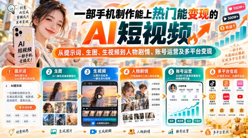 【精】一部手机制作能上热门能变现的AI短视频,从提示词、生图、生视频到人物剧情、账号运营及多平台变现 【精】一部手机制作能上热门能变现的AI短视频,从提示词、生图、生视频到人物剧情、账号运营及多平台变现