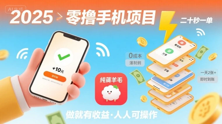 2025年零撸手机项目，二十秒一单，纯薅羊毛 一天2张+做就有