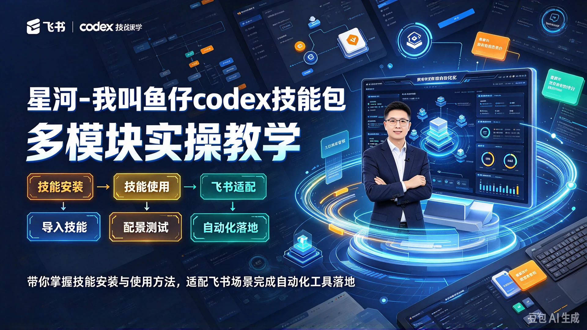 星河 - 我叫鱼仔codex技能包，多模块实操教学，带你掌握技能安装与使用方法，适配飞书场景完成自动化工具落地