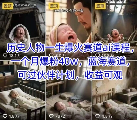 【精】历史人物一生爆火赛道ai课程，一个月爆粉40w，蓝海赛道，可过伙伴计划，收益可观