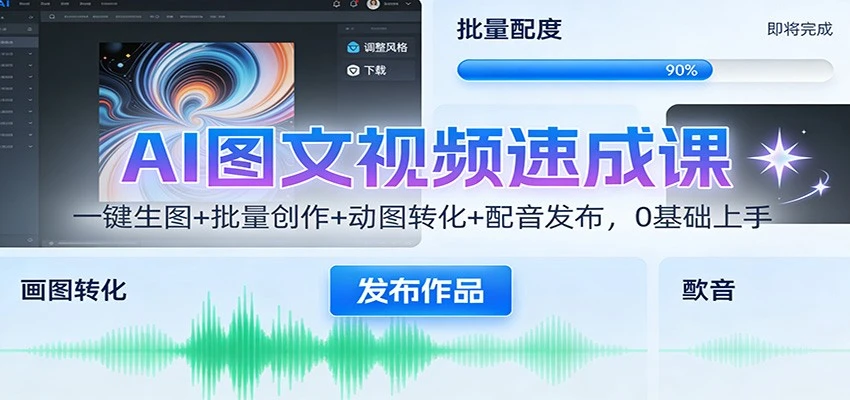 【精】AI图文视频速成课：一键生图+批量创作+动图转化+配音发布，0基础上手