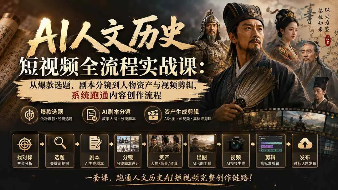 【精】AI人文历史短视频全流程实战课:从爆款选题、剧本分镜到人物资产与视频剪辑,系统跑通内容创作流程 【精】AI人文历史短视频全流程实战课:从爆款选题、剧本分镜到人物资产与视频剪辑,系统跑通内容创作流程