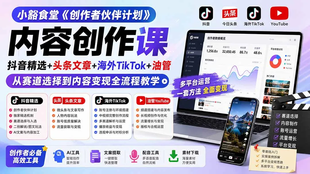 【精】小豁食堂·内容创作课,抖音精选+头条文章+海外TikTok+油管,从赛道选择到内容变现全流程教学 【精】小豁食堂·内容创作课,抖音精选+头条文章+海外TikTok+油管,从赛道选择到内容变现全流程教学