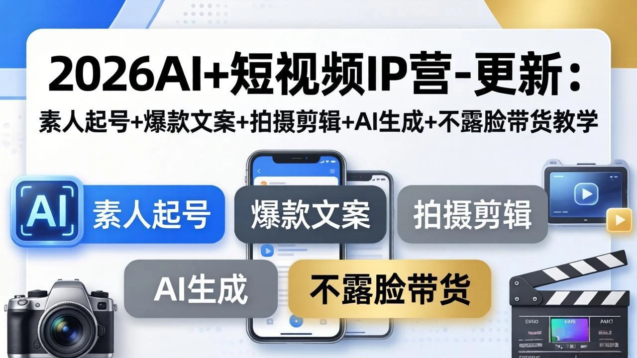 【精】2026AI+短视频IP营-更新：素人起号+爆款文案+拍摄剪辑+AI生成+不露脸带货教学