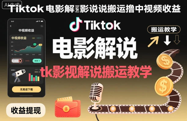 Tiktok电影解说搬运撸中视频收益，tk影视解说搬运教学