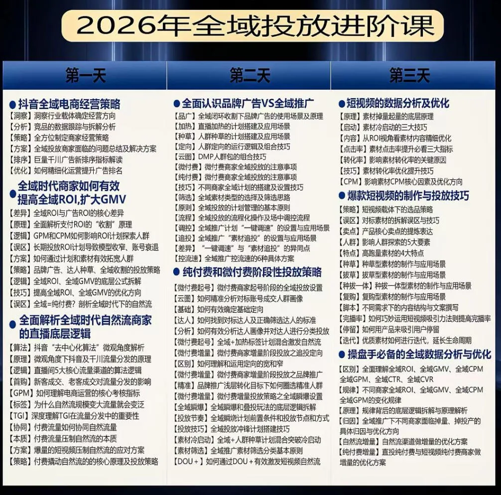 【精】千川扫地僧2026抖音全域投放进阶课，少走弯路·快速起量·掌控增长，6月12-14号杭州线下课（26年10月更新）