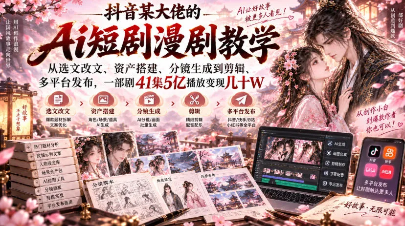 【精】抖音某大佬的Ai短剧漫剧教学,从选文改文、资产搭建、分镜生成到剪辑、多平台发布,一部剧41集5亿播放变现几十W 【精】抖音某大佬的Ai短剧漫剧教学,从选文改文、资产搭建、分镜生成到剪辑、多平台发布,一部剧41集5亿播放变现几十W