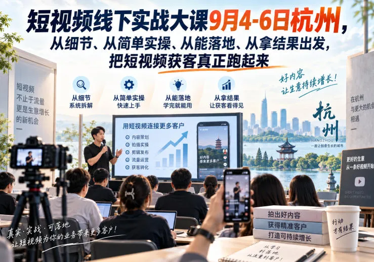 【精】短视频线下实战大课9月4-6日杭州,从细节、从简单实操、从能落地、从拿结果出发,把短视频获客真正跑起来(更新) 【精】短视频线下实战大课9月4-6日杭州,从细节、从简单实操、从能落地、从拿结果出发,把短视频获客真正跑起来(更新)